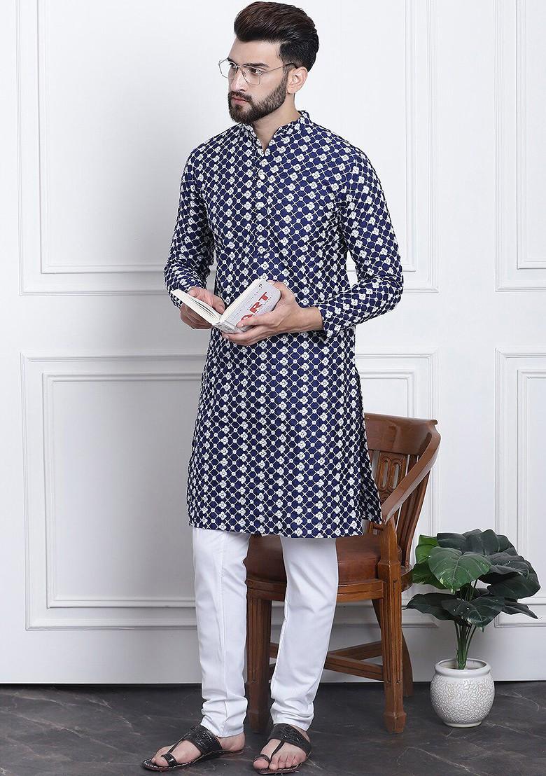 Navy Blue Thread Work Poly Blend Kurta For Men