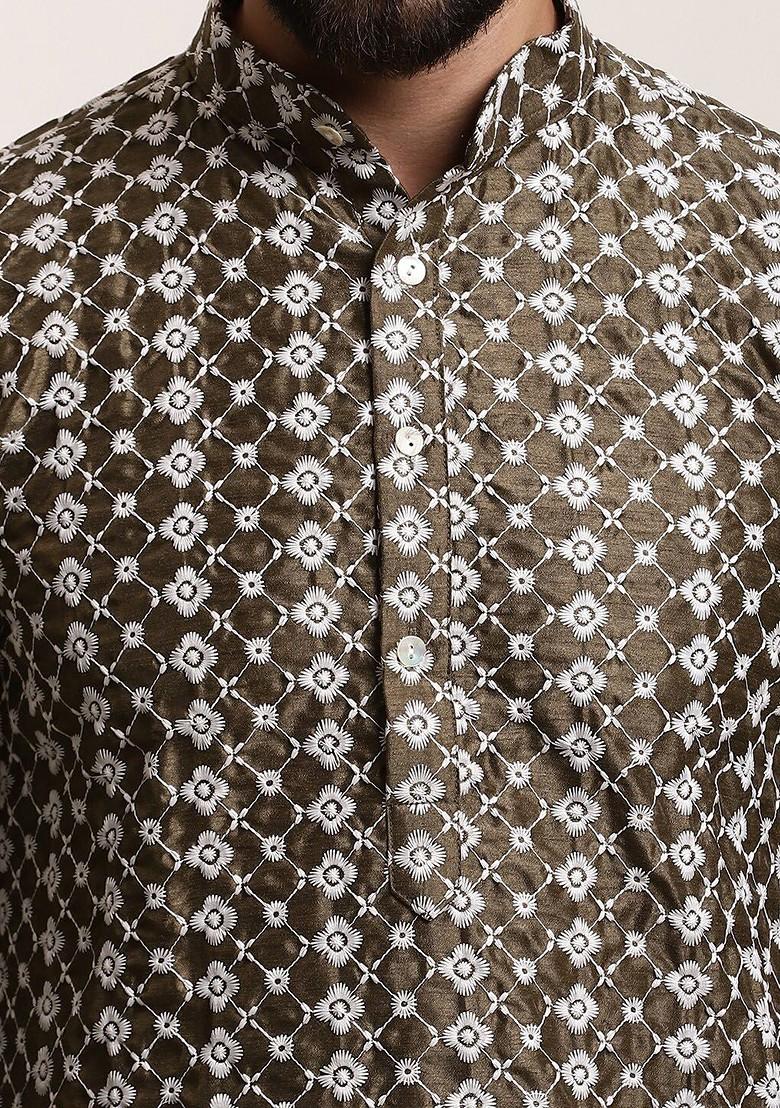 Olive Embroidered Cotton Kurta For Men