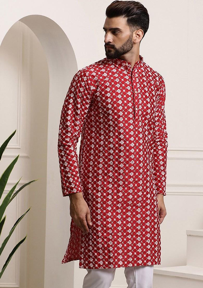 Maroon Embroidered Poly Blend Kurta For Men