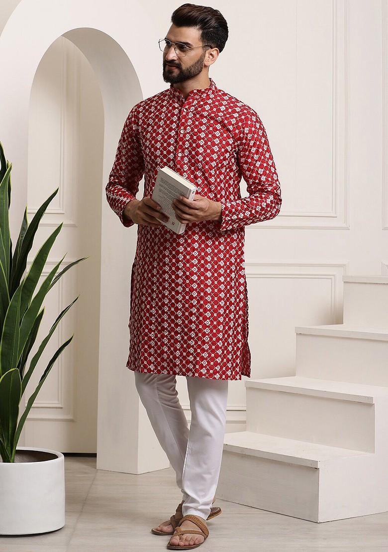 Maroon Embroidered Poly Blend Kurta For Men