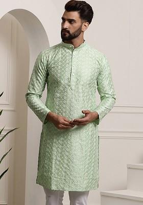 Sea Green Thread Work Poly Blend Kurta For Men
