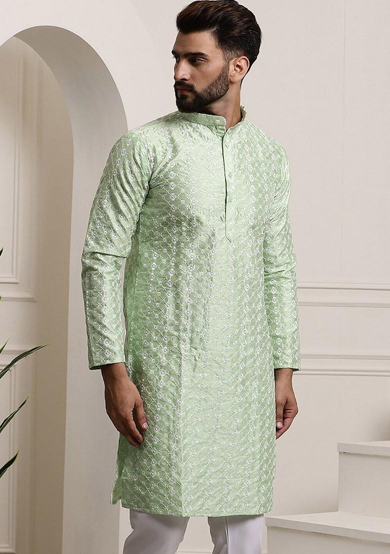 Sea Green Thread Work Poly Blend Kurta For Men