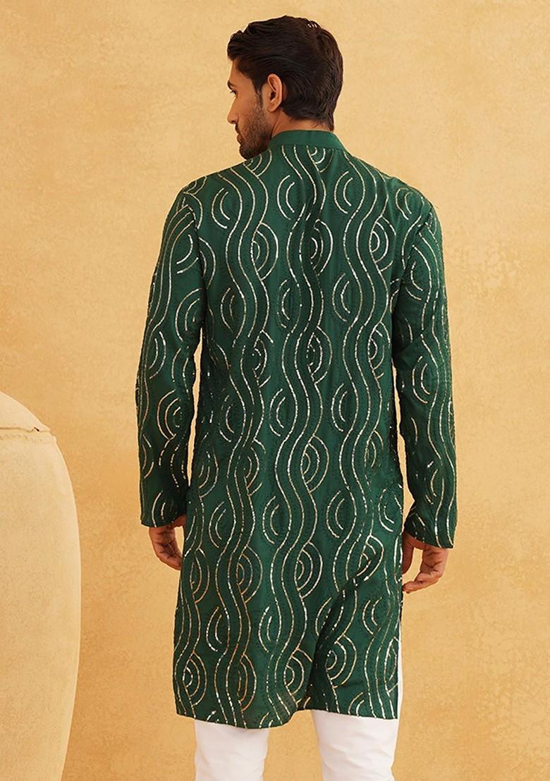 Green Sequin Work Cotton Kurta For Men