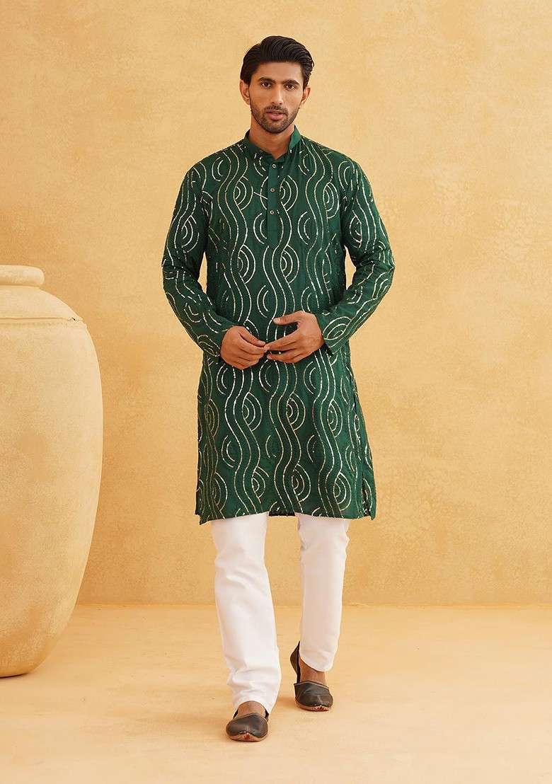 Green Sequin Work Cotton Kurta For Men - Indya