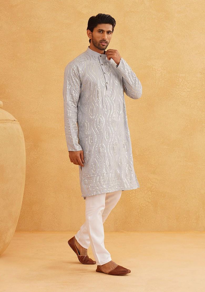 Grey Embellished Cotton Kurta For Men