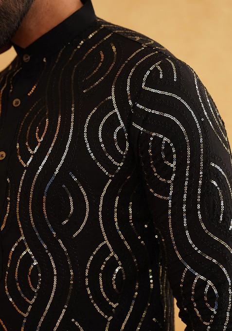 Black Embroidered Cotton Kurta For Men