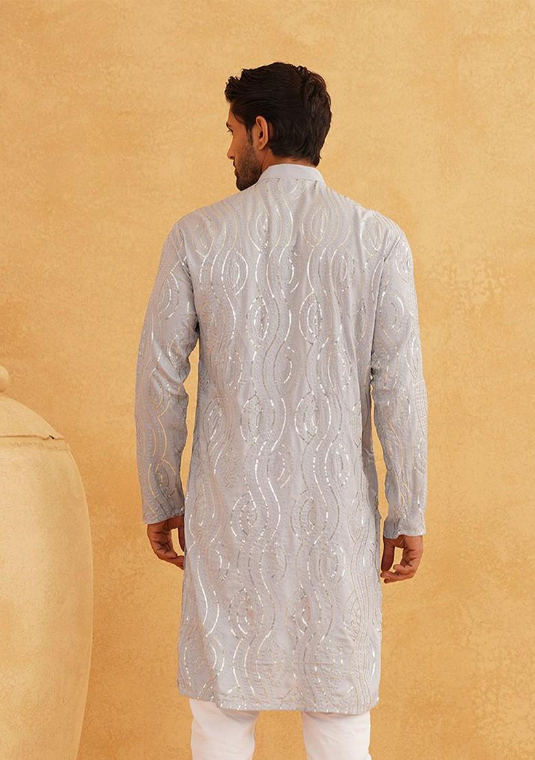 Grey Embroidered Cotton Kurta For Men