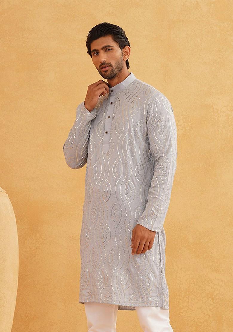 Grey Embroidered Cotton Kurta For Men