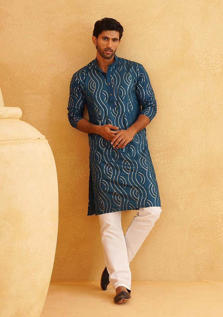 Blue Embellished Cotton Kurta For Men