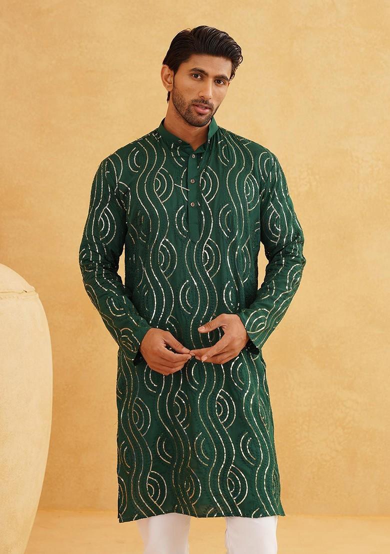 Green Embellished Cotton Kurta For Men