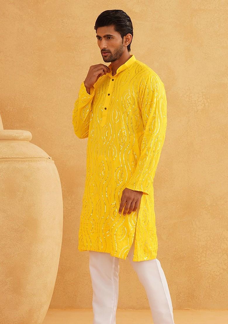 Mustard Thread Work Cotton Kurta For Men