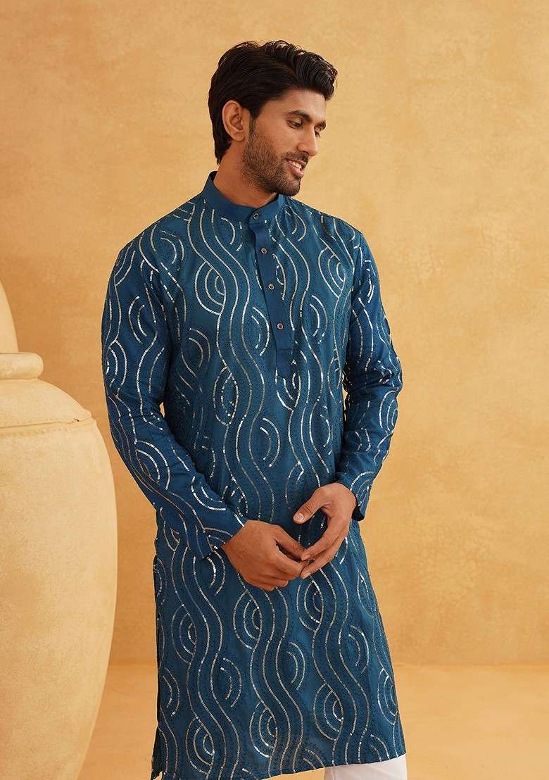 Blue Sequin Work Cotton Kurta For Men - Indya