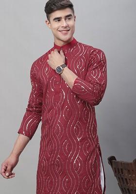 Maroon Embroidered Cotton Kurta For Men