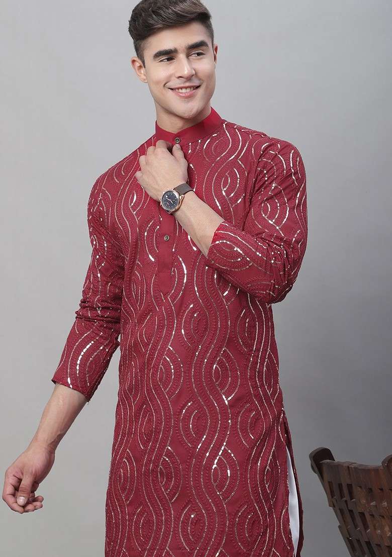 Maroon Embroidered Cotton Kurta For Men - Indya
