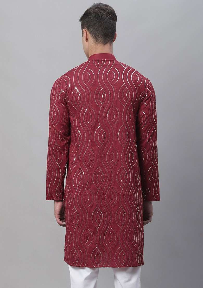 Maroon Embroidered Cotton Kurta For Men - Indya