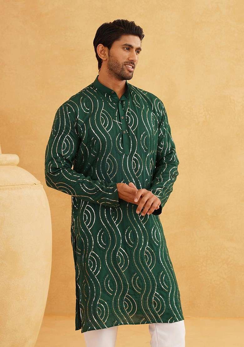 Green Sequin Work Cotton Kurta For Men - Indya