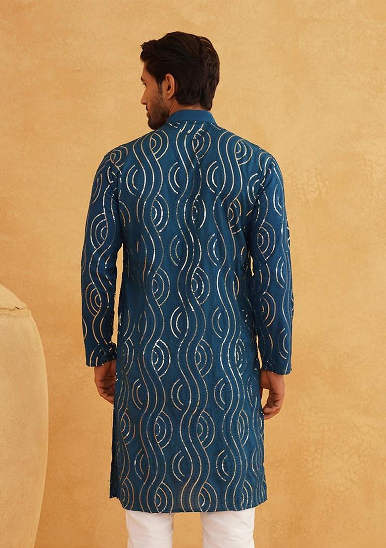 Blue Embroidered Cotton Kurta For Men