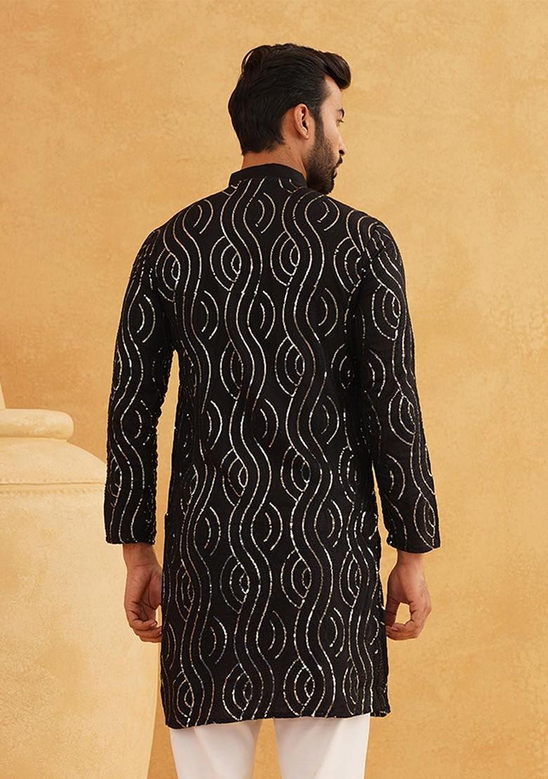 Black Sequin Work Cotton Kurta For Men