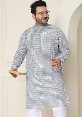 Grey Embroidered Cotton Kurta For Men