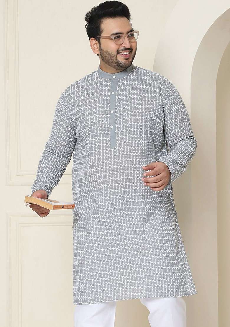 Grey Embroidered Cotton Kurta For Men - Indya