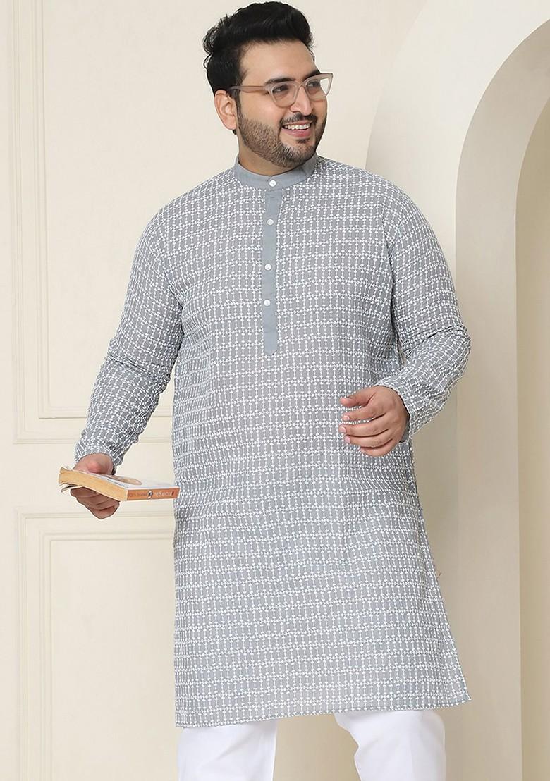 Grey Embroidered Cotton Kurta For Men