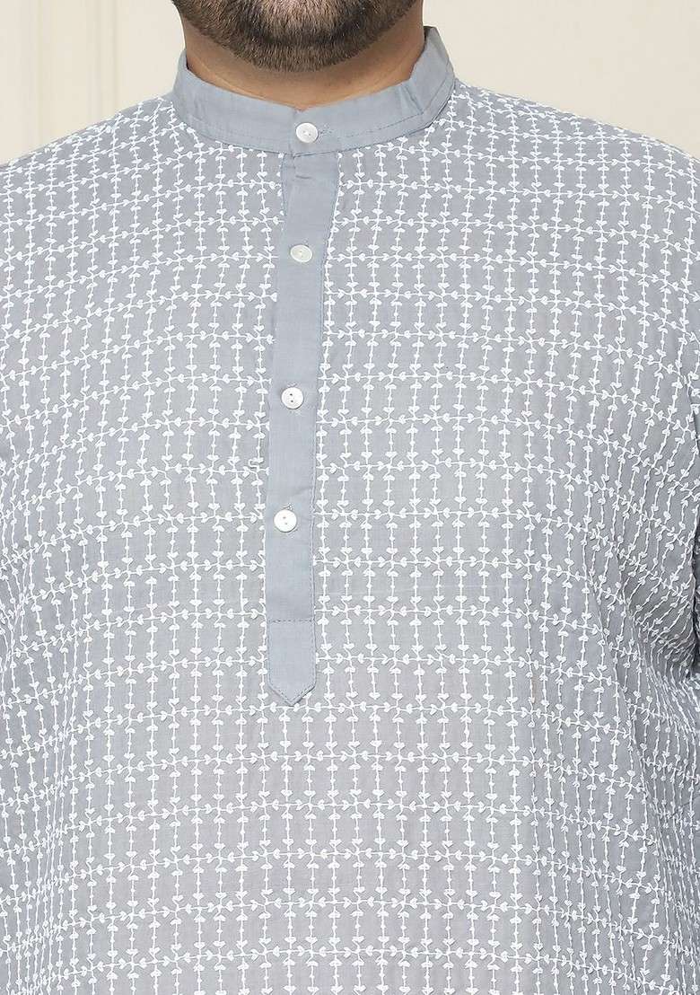 Grey Embroidered Cotton Kurta For Men - Indya