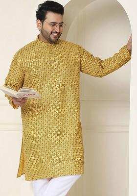 Mustard Ethnic Motifs Poly Blend Kurta For Men