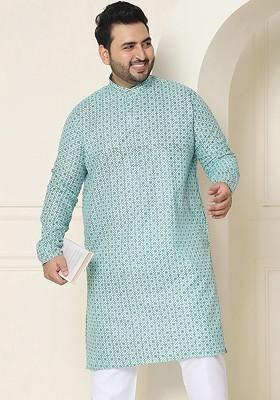 Sea Green Ethnic Motifs Poly Blend Kurta For Men