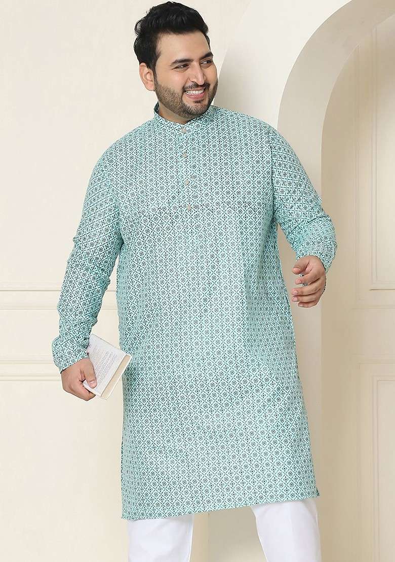 Sea Green Ethnic Motifs Poly Blend Kurta For Men - Indya