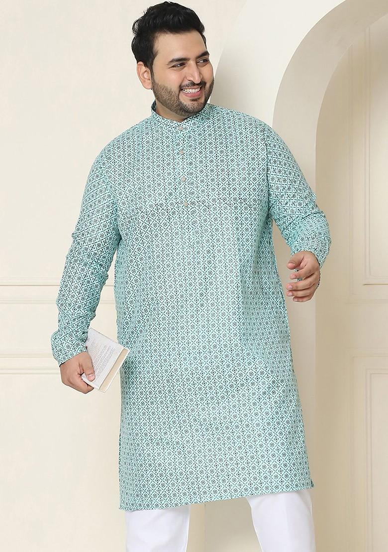 Sea Green Ethnic Motifs Poly Blend Kurta For Men