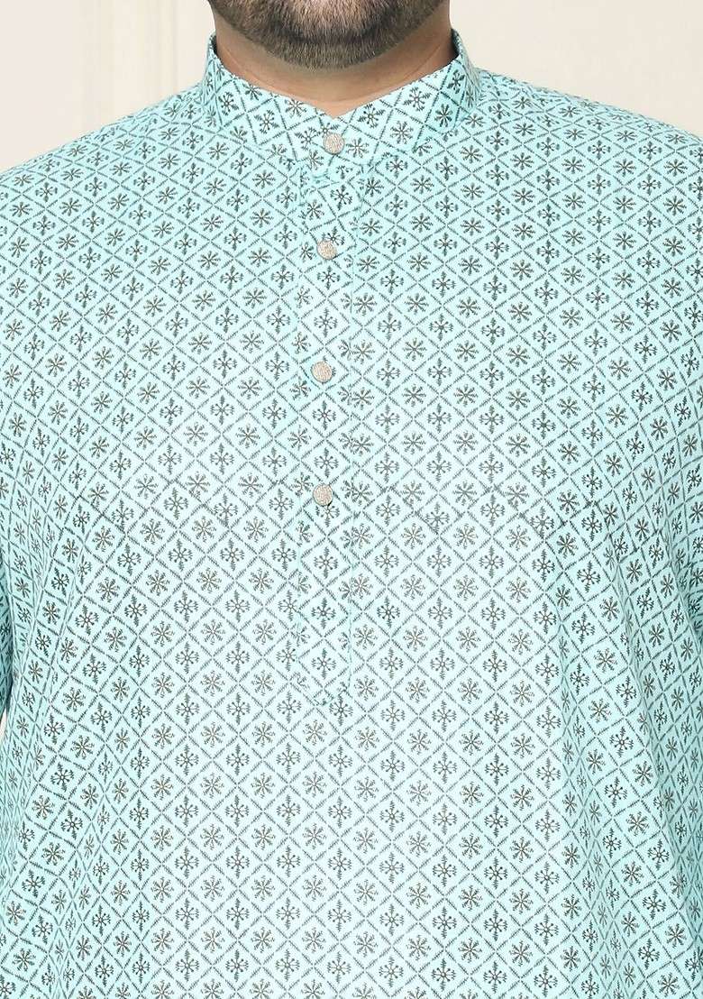 Sea Green Ethnic Motifs Poly Blend Kurta For Men - Indya