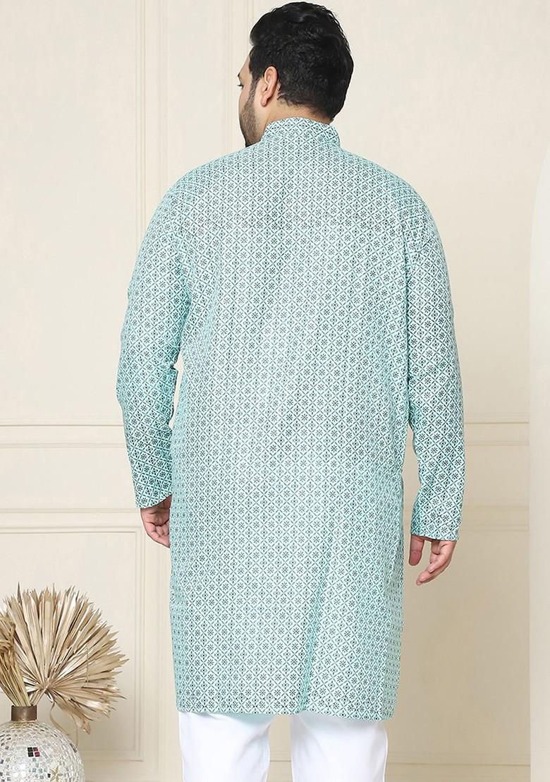 Sea Green Ethnic Motifs Poly Blend Kurta For Men