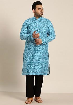 Turquoise Blue Ethnic Motifs Cotton Kurta For Men