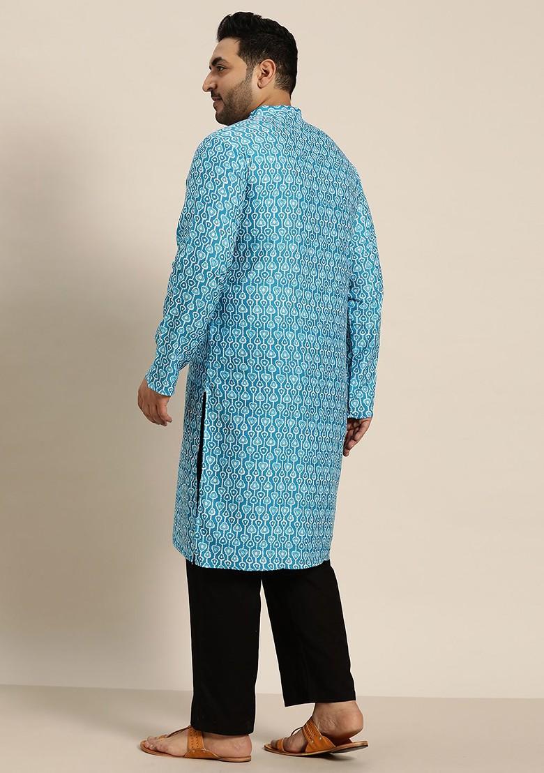 Turquoise Blue Ethnic Motifs Cotton Kurta For Men