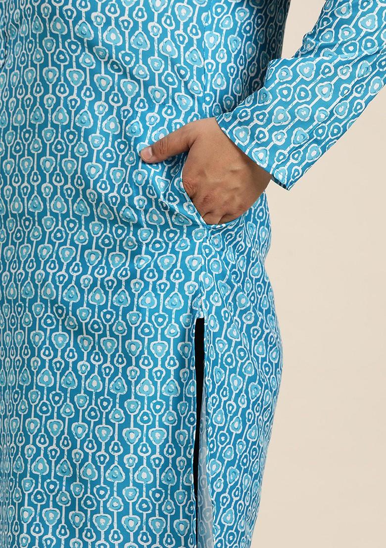 Turquoise Blue Ethnic Motifs Cotton Kurta For Men