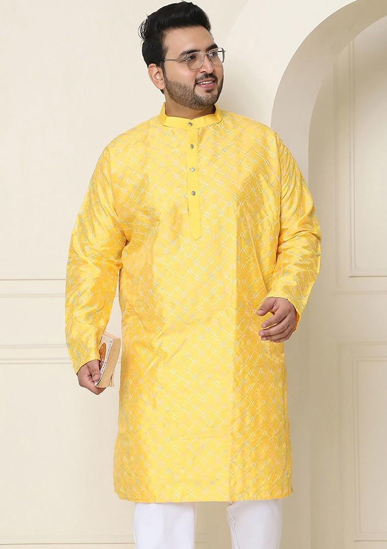 Mustard Embroidered Poly Blend Kurta For Men