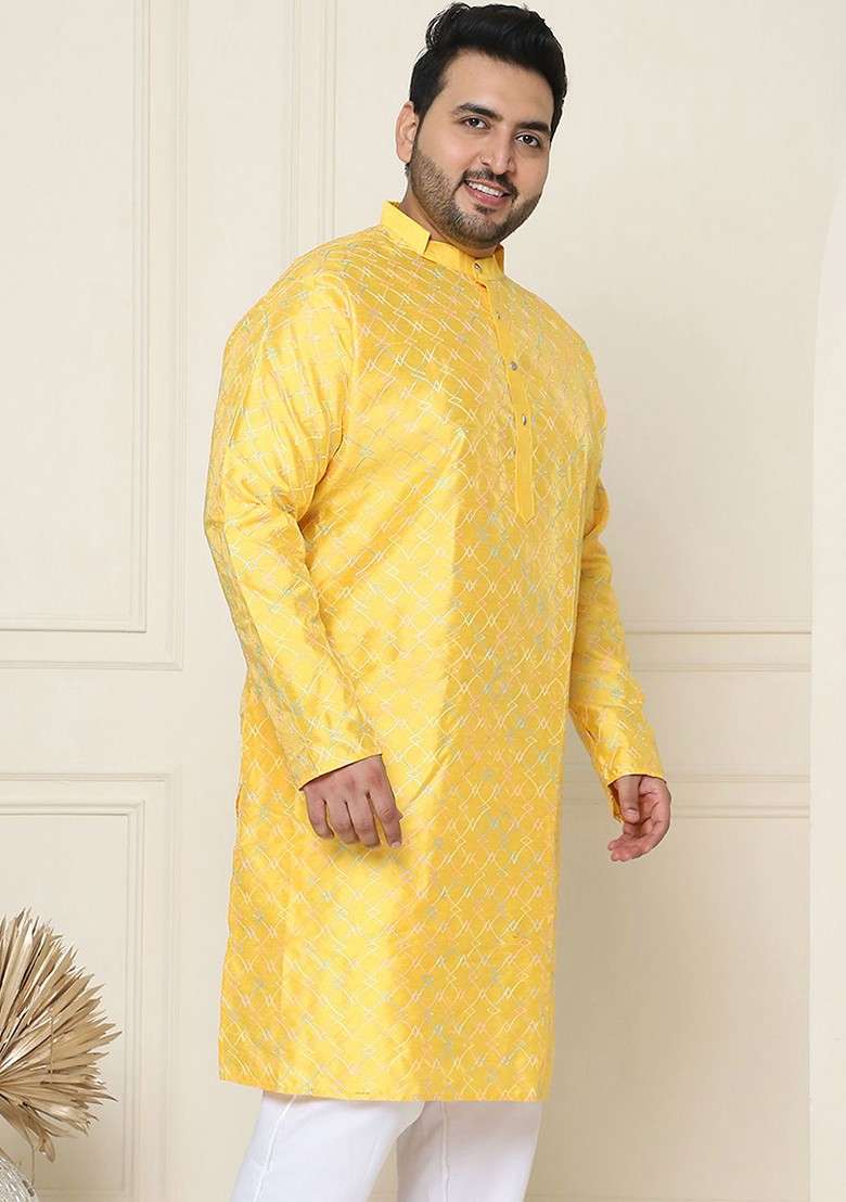 Mustard Embroidered Poly Blend Kurta For Men - Indya