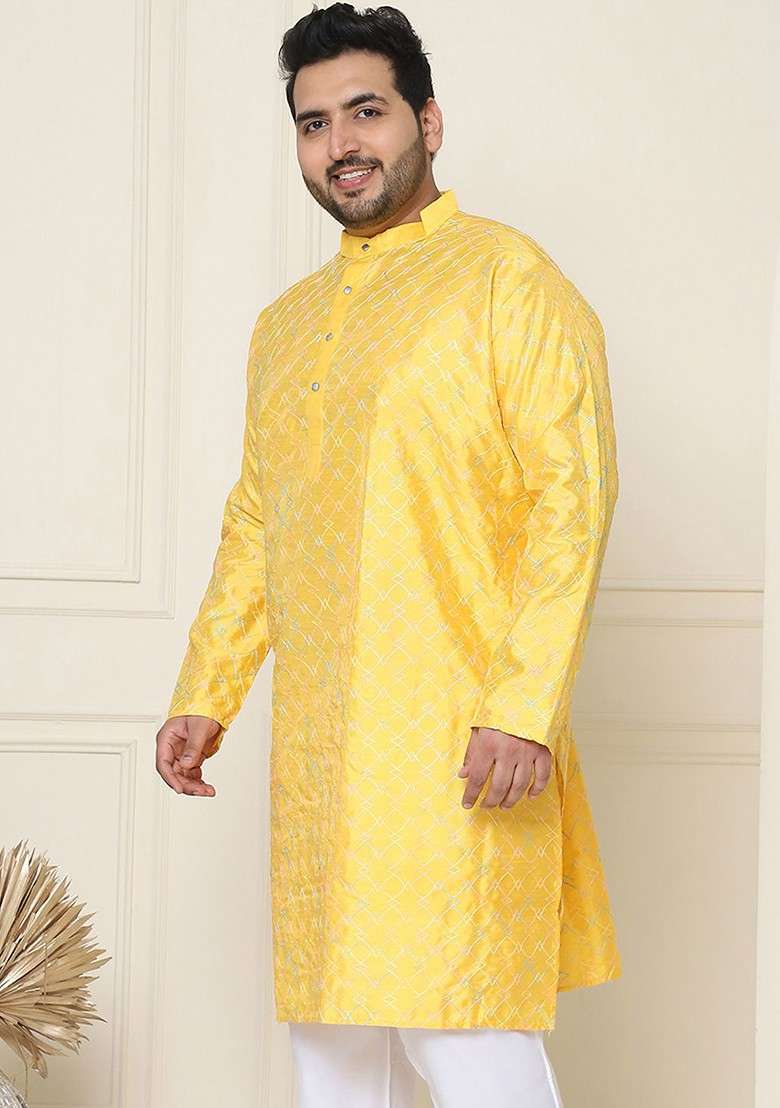Mustard Embroidered Poly Blend Kurta For Men - Indya