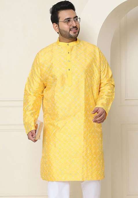Mustard Embroidered Poly Blend Kurta For Men