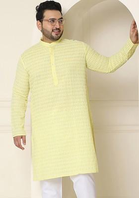 Yellow Embroidered Cotton Kurta For Men