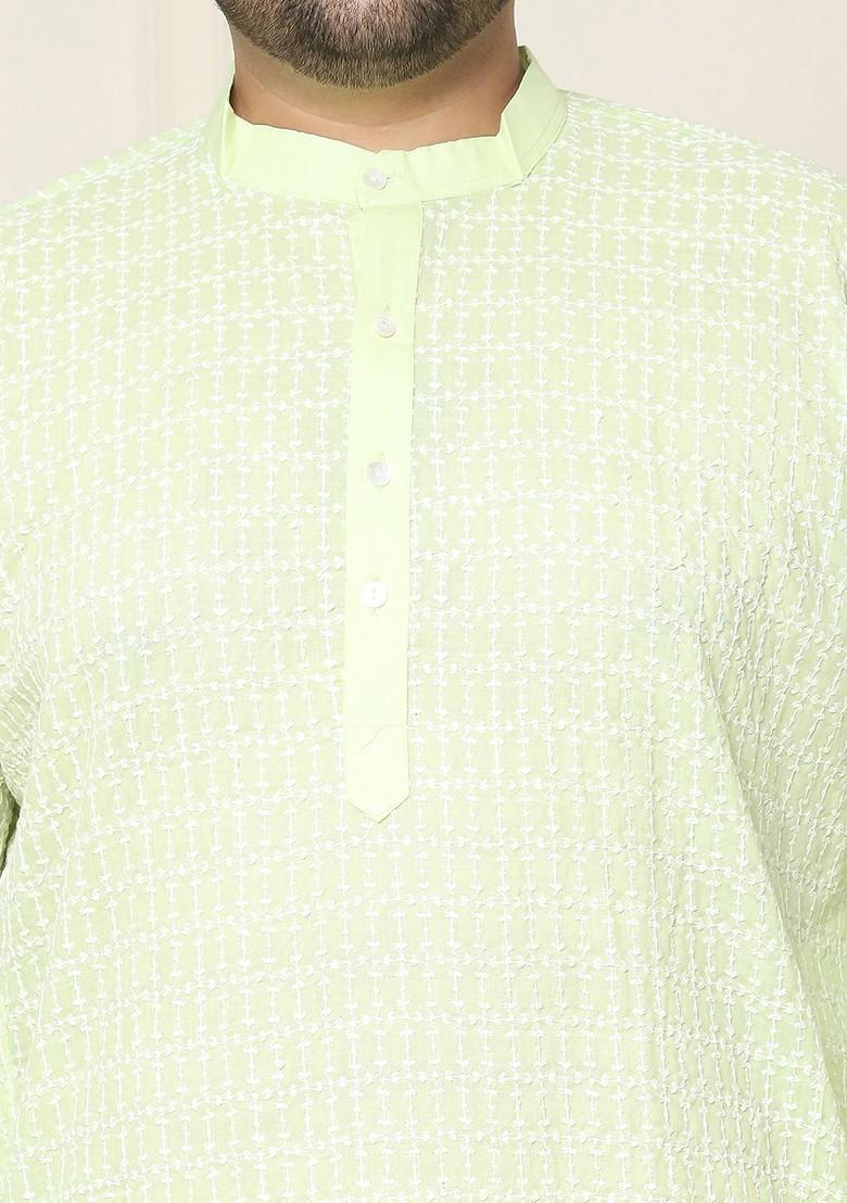 Sea Green Embroidered Cotton Kurta For Men