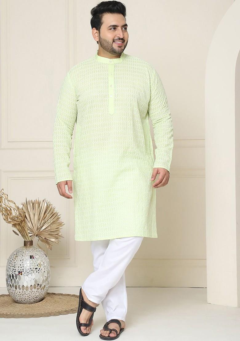 Sea Green Embroidered Cotton Kurta For Men