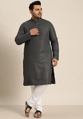 Black Ethnic Motifs Poly Blend Kurta For Men