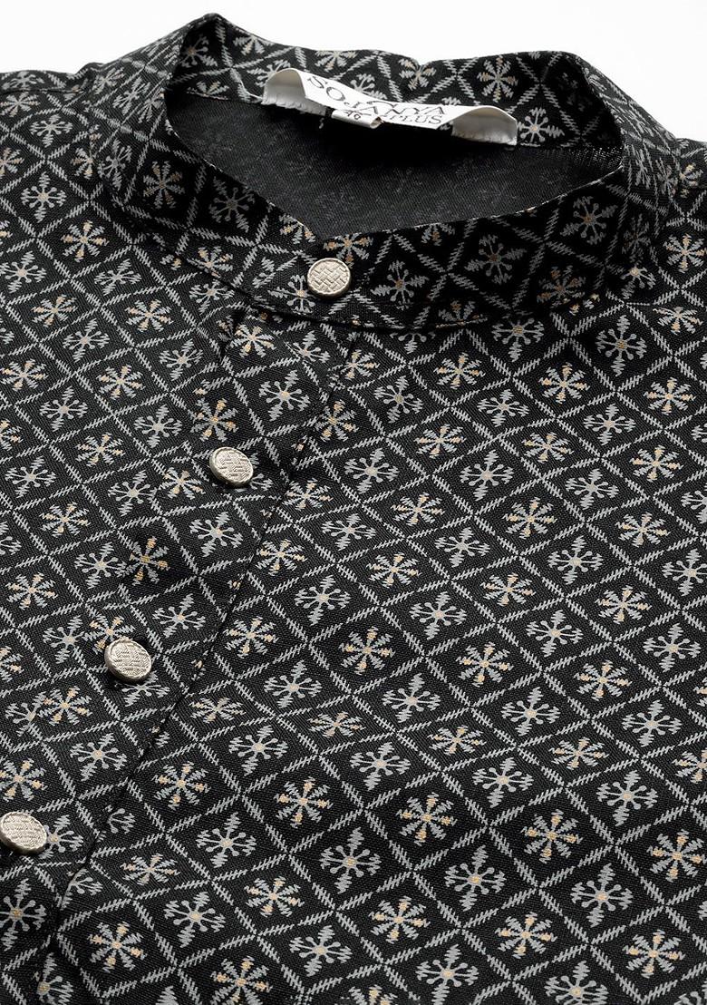 Black Ethnic Motifs Poly Blend Kurta For Men