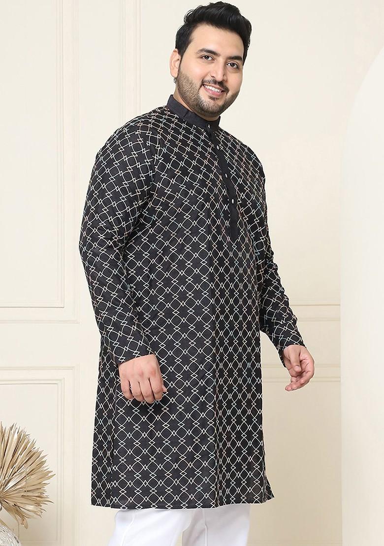 Black Thread Work Poly Blend Kurta For Men