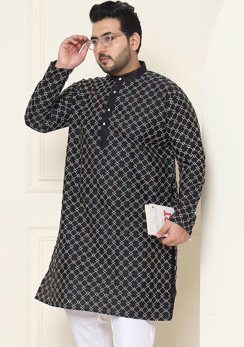 Black Thread Work Poly Blend Kurta For Men