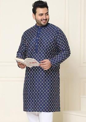Navy Blue Thread Work Poly Blend Kurta For Men