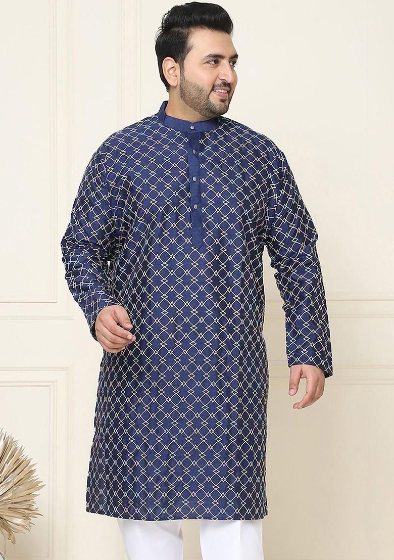 Navy Blue Thread Work Poly Blend Kurta For Men