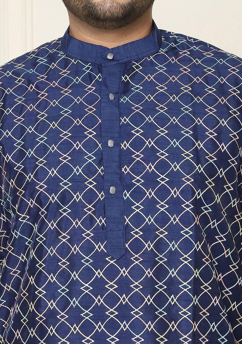 Navy Blue Thread Work Poly Blend Kurta For Men