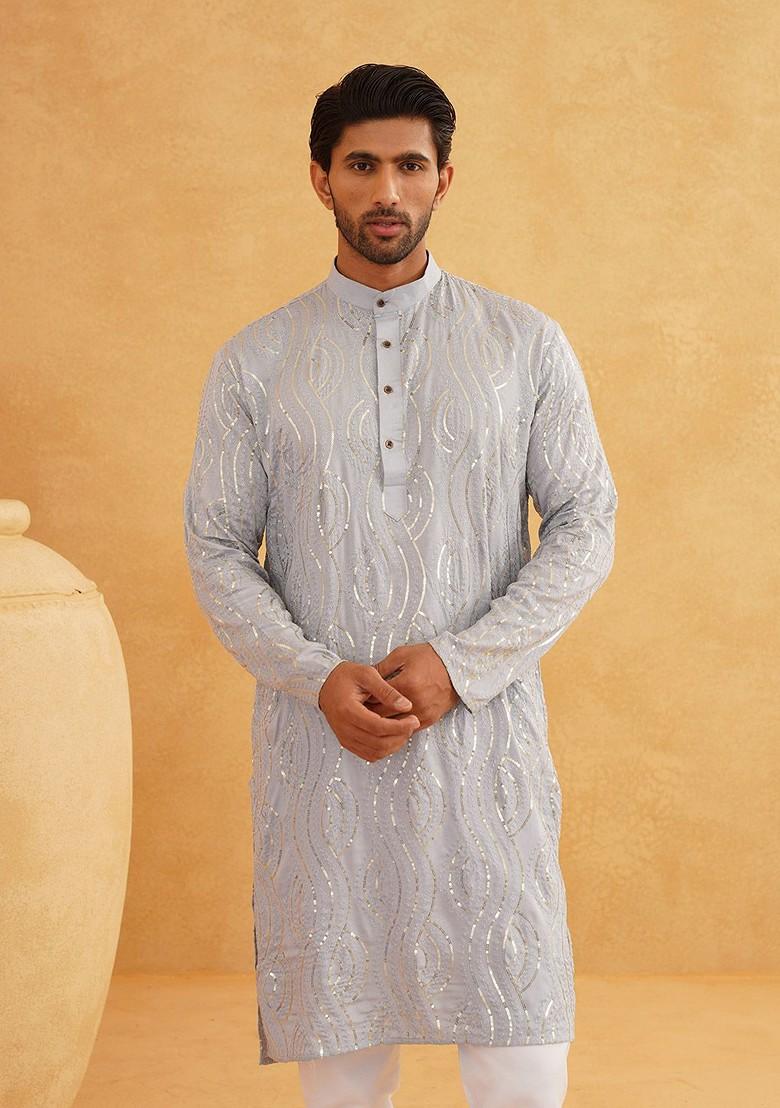 Grey Embroidered Poly Blend Kurta For Men